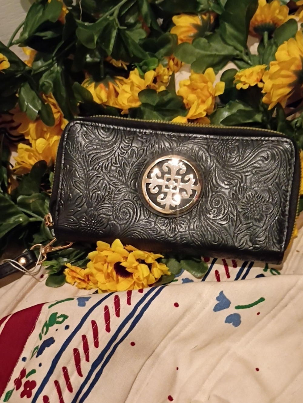 Tory Burch Black Embossed Leather Zip Wallet with Gold Logo